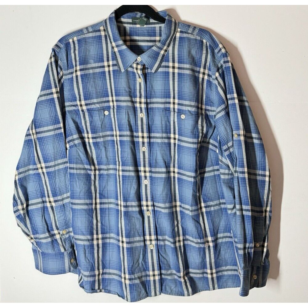 Lauren Ralph Lauren Button Shirt Womens‎ 3XL Blue Plaid Cotton Pockets Classic